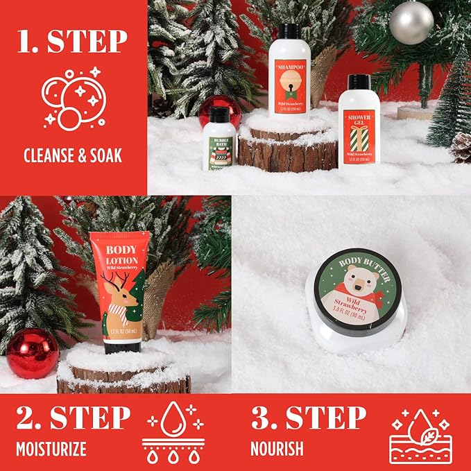 Christmas Bath and Body Gift Set for Women - Holiday Stocking Stuffers With Body Butter, Shower Gel, Lotion, Shampoo, Bubble Bath, Mini Towel - Birthday Gifts