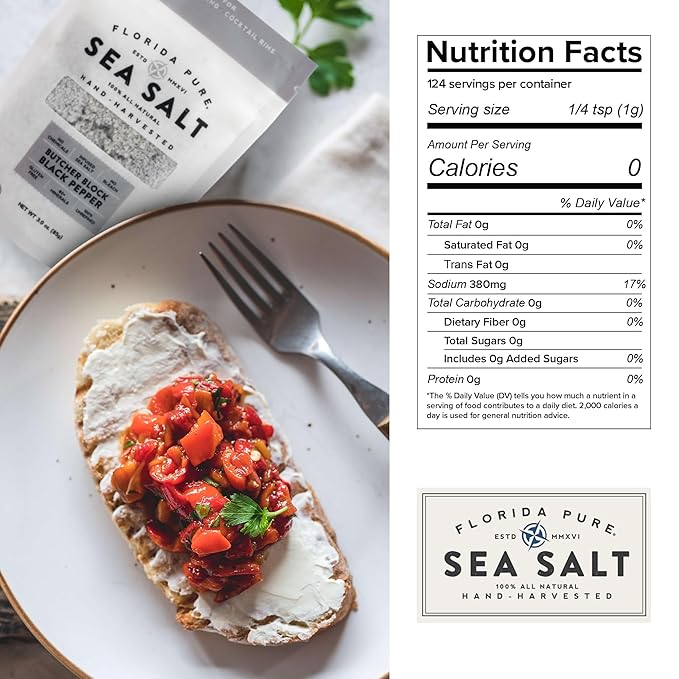 FLORIDA PURE Black Pepper Sea Salt - 80+ Mineral Sea Salt, Natural, Unrefined, Non Iodized - for Baking, Cooking, Seasoning & Enhancing Taste - Rich Taste Flaky Sea Salt (3 oz Pouch)
