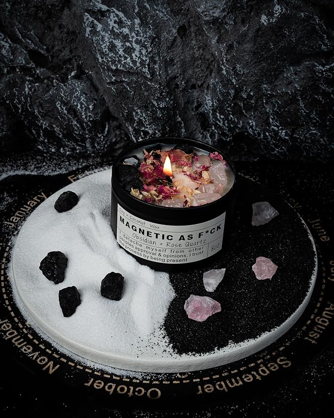 Magnetic AS F*CK Detachment Grounding Quartz Obsidian Protection Magic Attraction Manifestation Crystal Self Love Ritual Meditation Hande Made Chakra Candle(8oz).