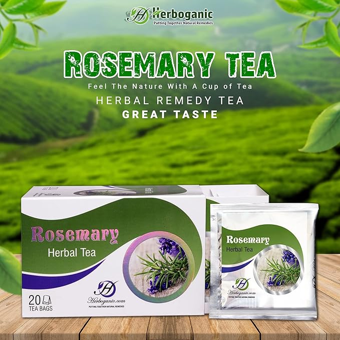 HERBOGANIC Rosemary Herbal Tea - Digestion Support and Immune Boost | Refreshing and Delicious Blend | Natural Ingredients | 20 Tea Bags