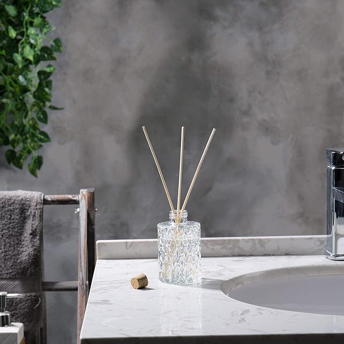 MyGift Small Clear Glass Reed Diffuser Bottles, Vintage Embossed Apothecary Style Flower Bud Vases with Cork Lids, Set of 2