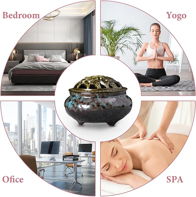 Ceramic Incense Burner with Lid, Bowl Burner， Cone Incense Burner, Ceramic Censer Suitable for Incense/Cone/Coil/Sticks, There are 30 Incense Cones+ Metal Incense Holder+Fireproof Cotton Inside.