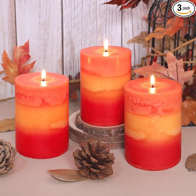 3x4 Inch Pillar Candles 3 Pack Rustic Orange Handmade Layered Clean Burning Pumpkin Spice Scented Candles Fall Harvest Aesthetic Halloween Decorative for Home Dinner Table Decor