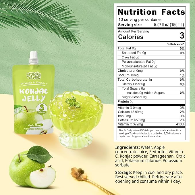 VOLO VERO Konjac Jelly Squeeze Pouch Apple Flavor, Low Calories (3 Kcal), 10 Packs, Gluten Free & Vegan, 0 Sugar, Keto, Low Carb, Drinkable Vitamin C Healthy Snacks, Holiday Gifts