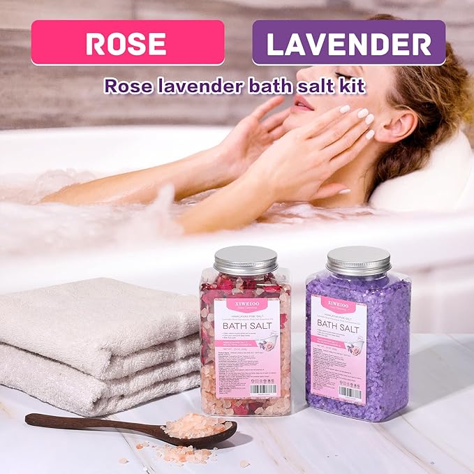 Bath Salts -46 oz, Pack of 2 Natural Epsom Salt Rose, and Lavender- Essential Oils Relaxes and Better Sleep Himalayan Pink Salt Foot Soak Tea Tree Oil