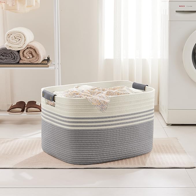 86L Extra Large Laundry Basket with Leather Handles for Living Room Storage, Woven Rope Baskets for Blanket, Kids Toy, Gifts, Wicker Hamper for Bedroom Dirty Clothes, 24"x16"x14" White Grey