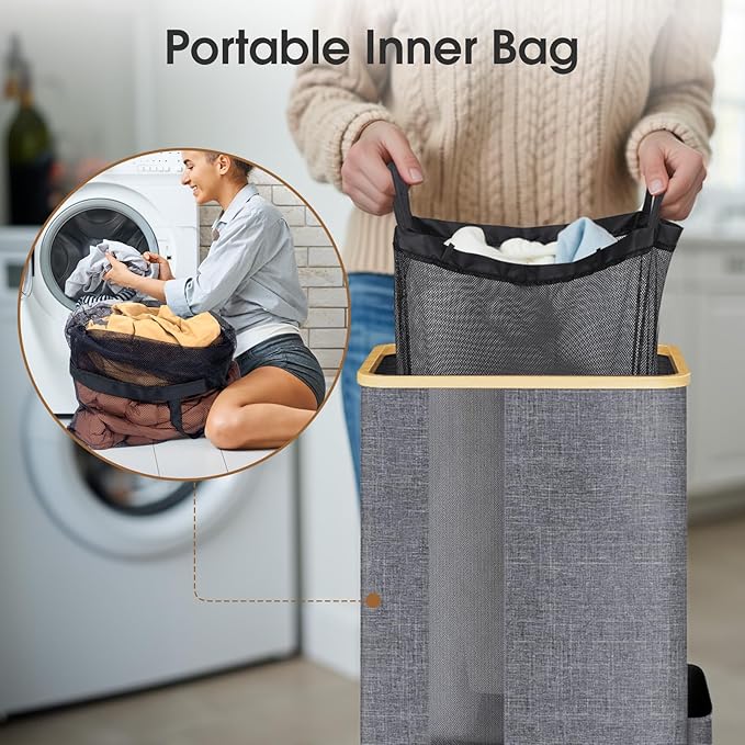 Laundry Basket Clothes Hamper with Lid and Pocket Large Collapsible Laundry Baskets with Handle, Freestanding Hampers for Bedroom Aesthetic, Dorm, Bathroom, Laundry Room (100L,Light Grey)
