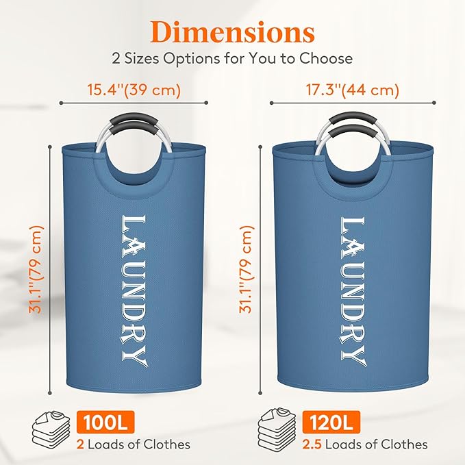 Lifewit 100L 2-Pack Large Laundry Basket, Collapsible Laundry Hamper with Aluminum Handles, Waterproof Freestanding Dirty Clothes Hampers for Laundry Room Bedroom Dorm Bathroom, Blue