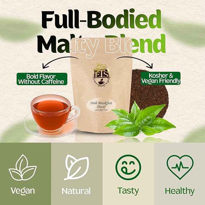 CO2 Decaffeinated Irish Breakfast Tea Pouches - 4oz | Loose Leaf Black Tea | Bold Full-Bodied Flavor | Blend of Assam and Kenyan Teas | Naturally Decaffeinated Using CO2 Process