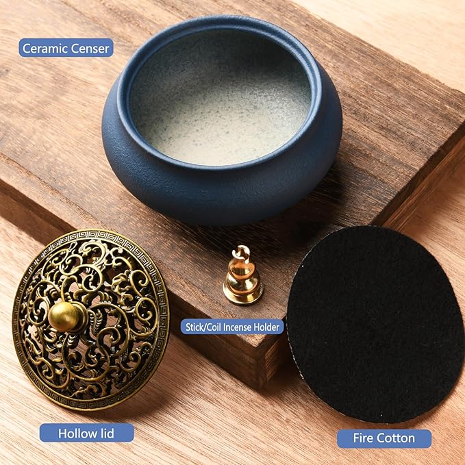 Ceramic Incense Burner with Incense Holder+ Fireproof Cotton,Handmade Smudging Burn Bowl for Stick or Coil Incense,Sage Cones, Frankincense and Mosquito Incense (Blue)