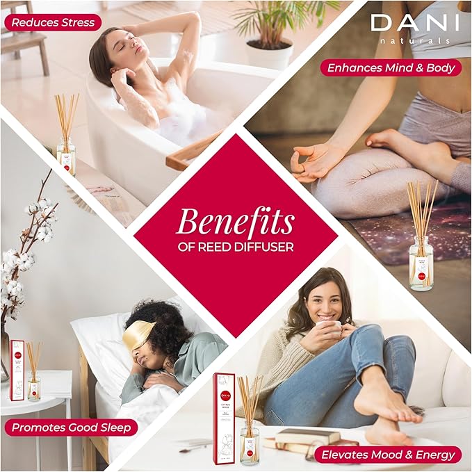 DANI Naturals Reed Diffuser Set - Citrus Rose Scent - Aromatherapy Essential Oils - Alcohol-Free, Non-Toxic, Eco-Friendly, 10 Reeds - 3.5 oz