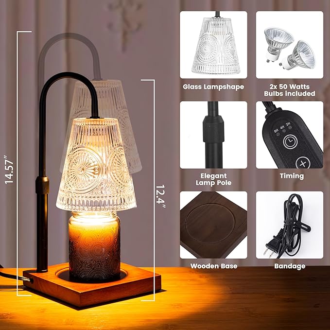 Candle Warmer Lamp with 2 Bulbs, Electric Candle Warmer with Timer -Clear Adjustable Height and Dimmer LampCandle Warmer for Scented Jar Candles Wax Melt Warmer for Home Decor
