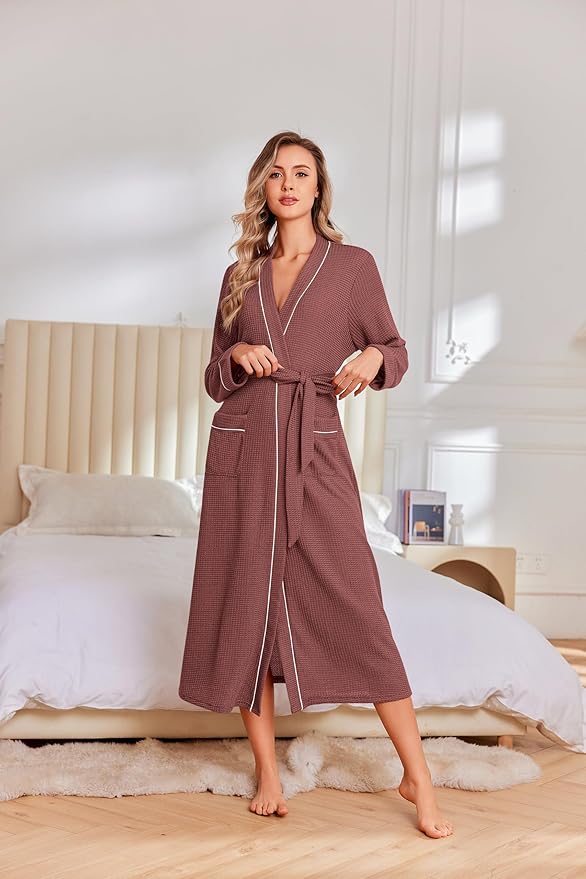 Ekouaer Robes for Women Lightweight Knit Waffle Bathrobe Full Length Kimono Casual Ladies Loungewear