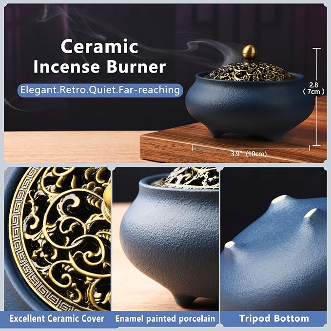 Ceramic Incense Burner with Incense Holder+ Fireproof Cotton,Handmade Smudging Burn Bowl for Stick or Coil Incense,Sage Cones, Frankincense and Mosquito Incense (Blue)
