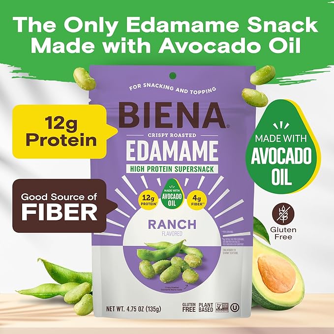 Biena Crispy Roasted Edamame Beans Snack – High Protein Snack for Adults & Kids, 12g-13g Protein per Serving - Made with Avocado Oil – Vegan, Low Carb, Gluten-Free – 3-Pack 4.75oz, Ranch