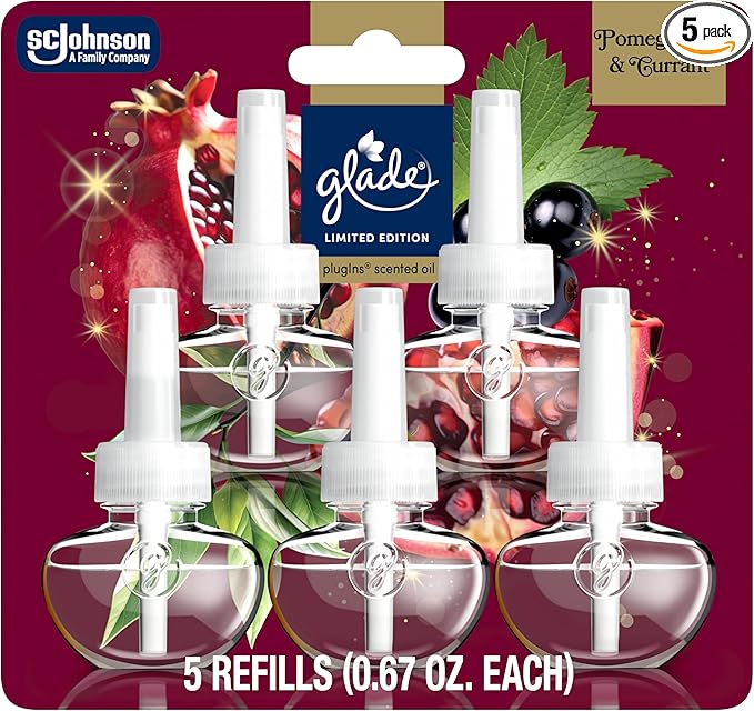 Glade PlugIns Refills Air Freshener, Pomegranate & Currant, Scented and Essential Oils for Home and Bathroom, 0.67 Fl Oz, 5 Count