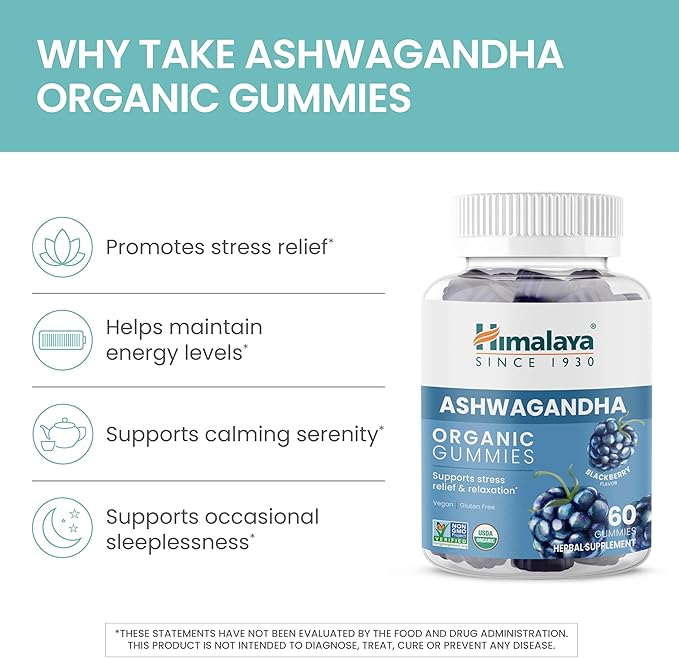 Himalaya Ashwagandha Organic Gummies, KSM-66 Organic Ashwagandha to Help with Stress Relief, Energy and Relaxation, 60 Gummies with Delicious BlackBerry Flavor