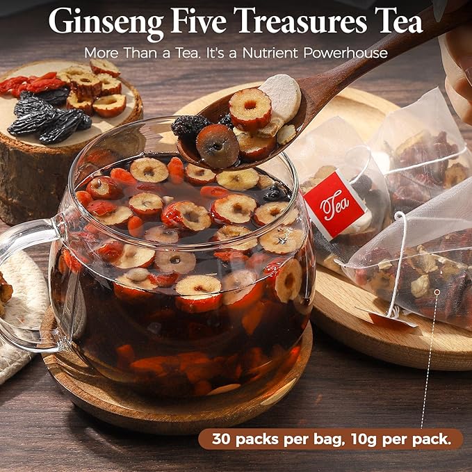 Ginseng Five Treasure Tea, Herbal Tea 10g X 30 Bags, Made with 7 Precious Ingredients Formula, Natural Chinese Teas for Men Women