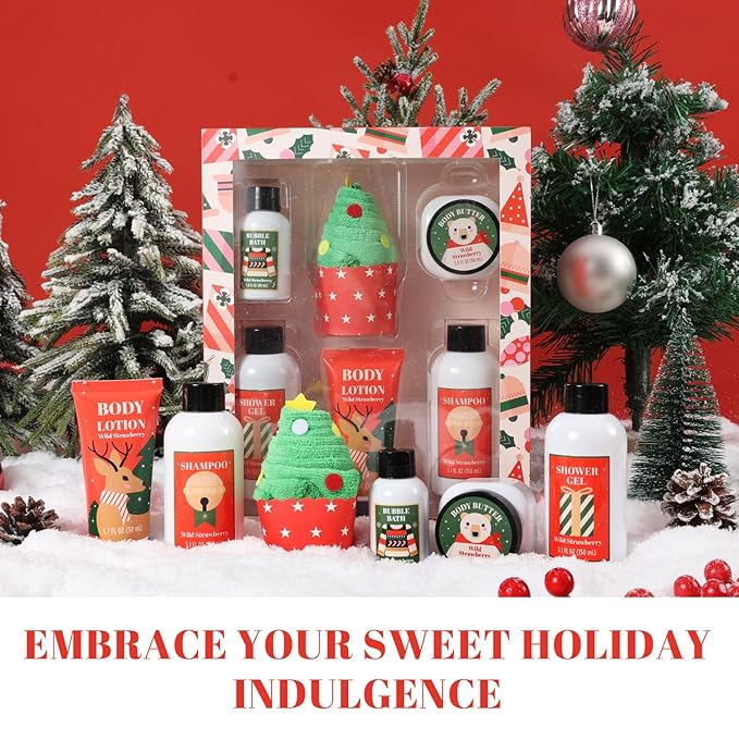 Christmas Bath and Body Gift Set for Women - Holiday Stocking Stuffers With Body Butter, Shower Gel, Lotion, Shampoo, Bubble Bath, Mini Towel - Birthday Gifts