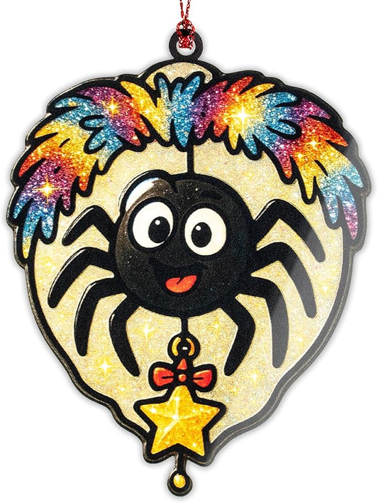 Christmas Spider Ornament – Lucky Holiday Spider with Star | Glitter Rainbow Ornament Card – Fun Quirky Holiday Decor – Sparkly Gift Tradition – Suncatcher Effect Window Spidergag 1