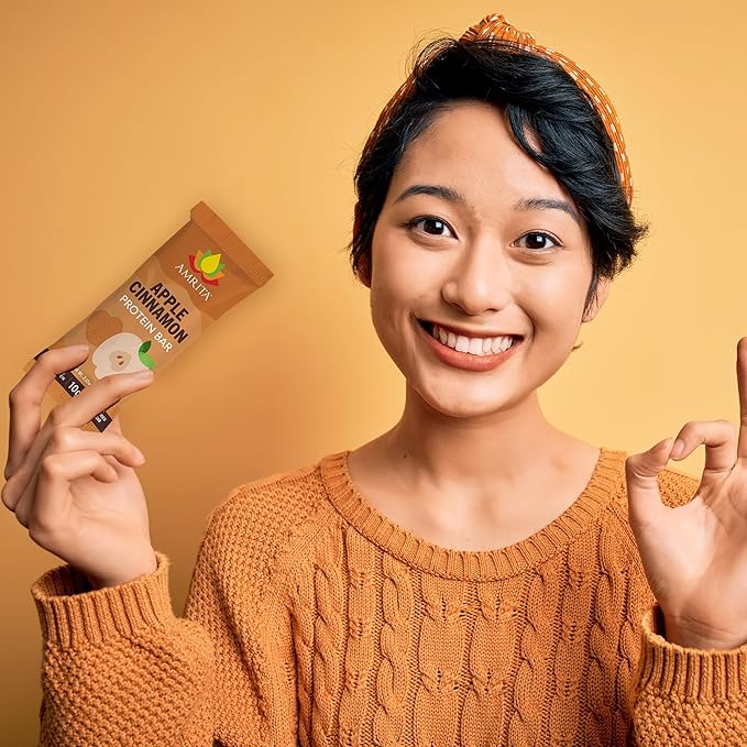 Amrita Nut Free Apple Cinnamon Vegan Protein Bars (12 Count) | 11g Plant-Based Protein Bar | Peanut Free, Gluten Free, and Dairy Free | Low Sugar, High Fiber, Healthy School-Safe Snacks