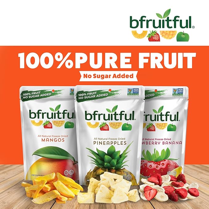 bfruitful Freeze-Dried Mangos, Strawberry Bananas, Pineapples Variety Pack, Freeze Dried Fresh Fruit Bites, Gluten Free, Vegan, Dairy Free, Kosher, No Sugar Added, Non GMO, Healthy Snacks for Kids or Adults, 0.56 oz Single-Serve Snack Packets, 12 Pack