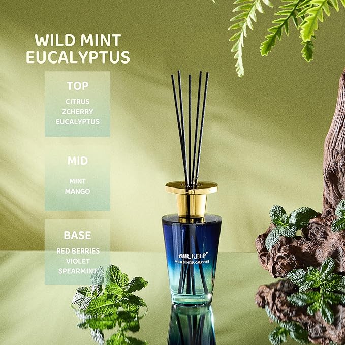 Airkeep Reed Diffuser Set 5.07 fl oz, Wild Mint Eucalyptus Scent Diffuser with Sticks, Home Fragrance Oil for Bedroom, Bathroom, Office Decor