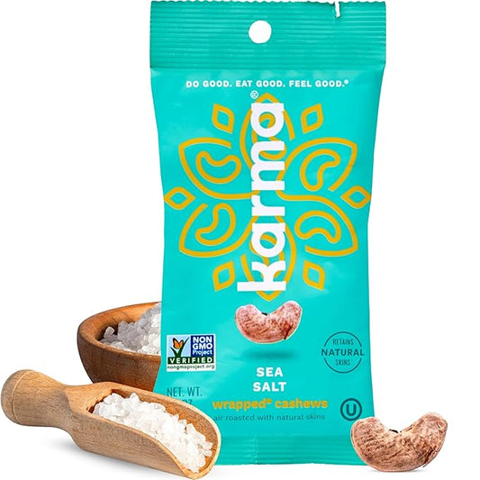 Sea Salt Cashews with Skin by Karma Nuts, Whole, Roasted, Vegan, Gluten Free, Low Net Carb, Natural, Everyday Nut Snack, 1.5 Ounce (12 Snack Packs)