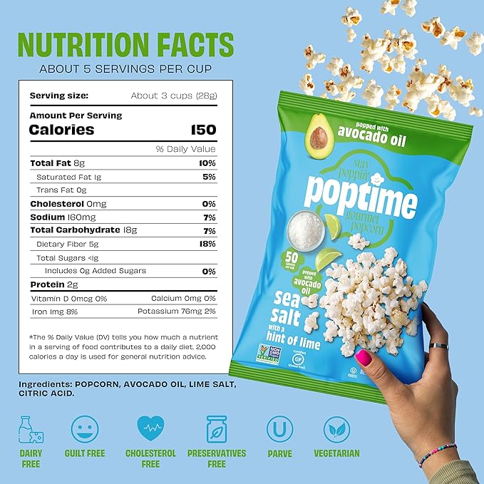 Poptime Popcorn Bags – Sea Salt Popcorn With a Hint of Lime, Healthy Snack Popped With Heart-Healthy Avocado Oil, Crunchy, Zesty, Gluten Free, Vegan, Low Calorie, Non-GMO, Kosher - 4.5 oz - Pack 4
