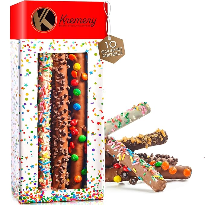 KREMERY Creamy Chocolate Cravings - Diwali Sweets Hamper Chocolate Covered Pretzel Rods Gift Basket, in Confetti Tower (10 Pretzels, Assorted Sweet Toppings) Food Arrangement