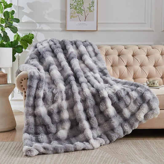 Lotus Karen Faux Fur Blanket Tie-Dye Gray - Big Bubble Rabbit Fluff King Throws for The Bed Large Fluffy Fuzzy Cozy Thick Furry Plush Shaggy Blankets for Men 108x90 Inches