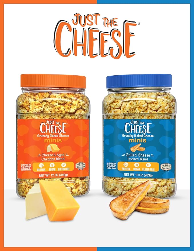 Just the Cheese Minis – Grilled Cheese Crisps, 10 oz Jar, Delicious Low-Carb Lifestyle Protein Chips, High-Protein, Gluten-Free Crisps, Keto-Friendly, Zero Sugar, Perfect Snack for Adults