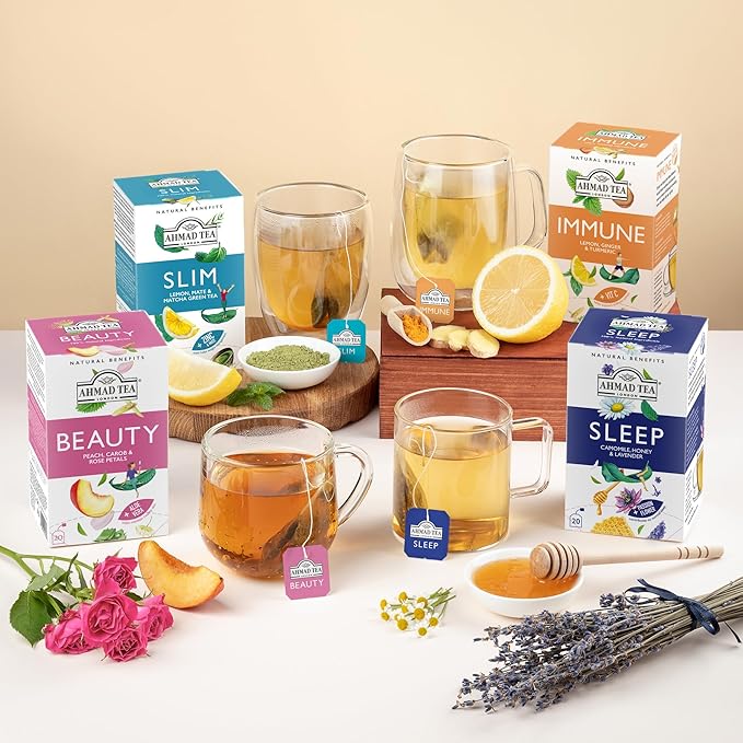Ahmad Tea Natural Benefit Functional Tea Selection Pack | Green teas, Fruit & Herbal Infusions | Perfect herbal tea gift - 60 Teabag Sachets | 6 blends