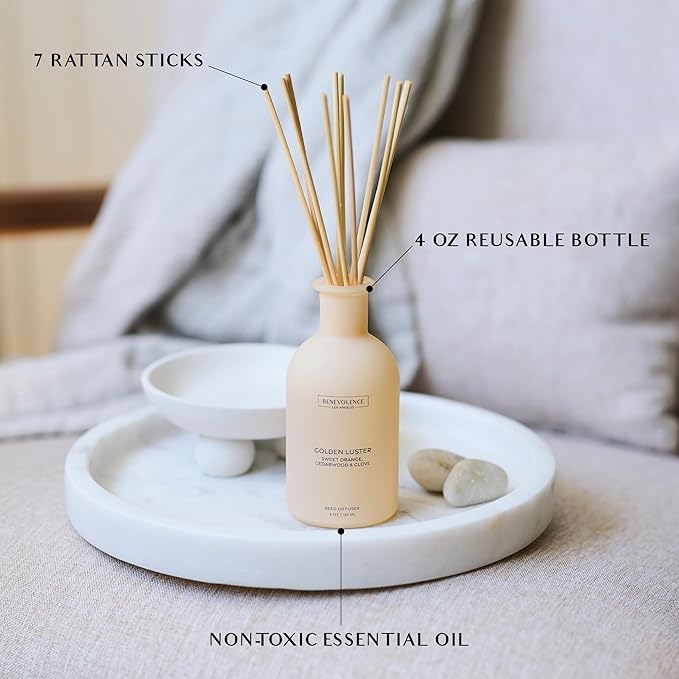 Benevolence LA Reed Diffuser - Orange, Cedarwood & Clove | Fall Home Fragrance Diffuser for Home & Bathroom | Long-Lasting Scent Sticks - Malibu Sands Collection