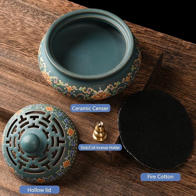 Ceramic Incense Burner with Incense Holder+ Fireproof Cotton,Handmade Smudging Burn Bowl for Stick or Coil Incense,Sage Cones,Frankincense and Mosquito Incense (Enamel)