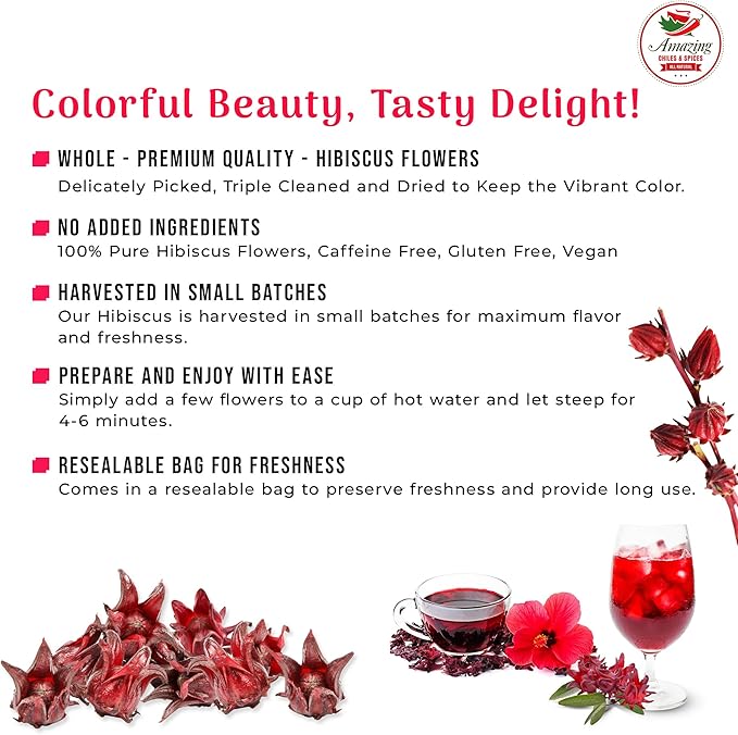 Hibiscus Flowers 1lb (16oz) – All Natural, Triple Cleaned - Whole Soft Flowers and Petals - Flor de Jamaica. Great for Hot or Iced Tea and Agua Fresca. By Amazing Chiles and Spices