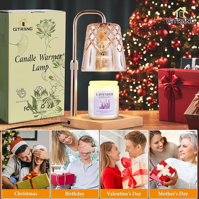 Candle Warming Lamp with Timer Dimmer, Adjustable Height Electric Wax Melt Warmer for Jar Candles with 3 Bulbs, Mother's Day Women's Home Decor Gift, Square Base with Champagne Color Pole
