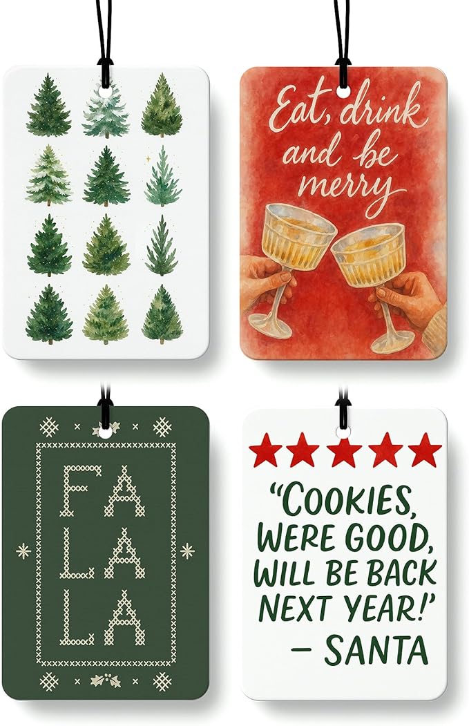 Green and Red Christmas Berry Air Freshener 4 Pcs, Green Xmas Tree Fa La La Alcohol Lover Hanging Air Freshener for Kitchen Bar Cars, Christmas Car Accessories Mirror Decor for Women Men