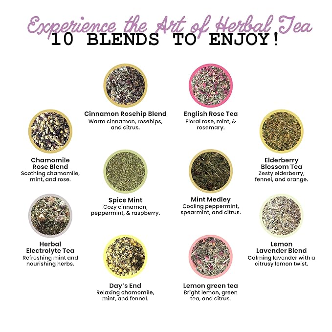 Smoke Camp Crafts Handcrafted Organic Loose Leaf Herbal Tea Gift Set with Stainless Steel Infuser, 10 Jars Caffeine Free Tisanes Variety Pack Assortment