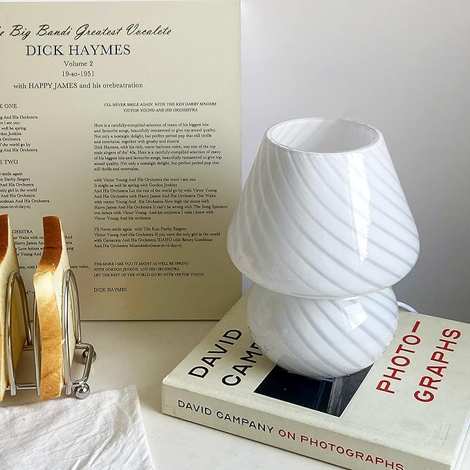 jonong Bedside Lamp Glass Striped Mushroom Table Lamp 110V Creative Gift Night Light (White)