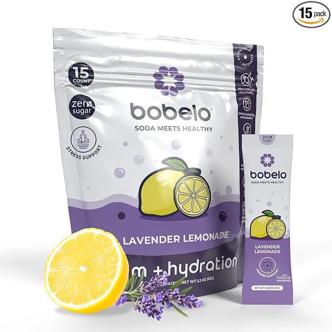 Bobelo Self Carbonating Hydration Drink | Lavender Lemonade 15 Count | Low Calorie, Electrolytes Powder Packets Drink Mix | Sparkling Water & Soda Alternative | Keto Friendly | Water Enhancer Sugar Free