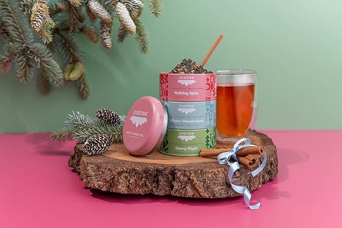JusTea Holiday Tea Gift Box | Holiday Trio with Hand Carved Tea Spoon & Infuser Steeper Strainer | Loose Leaf | Variable Caffeine | Award-Winning | Fair Trade | Non-GMO