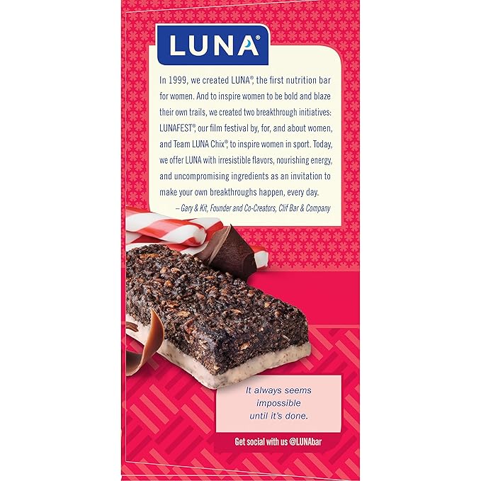 LUNA Bar - Chocolate Peppermint Stick Flavor - Snack Bars - Non-GMO - Gluten-Free Protein Bars - Made with Organic Oats (12 Pack)