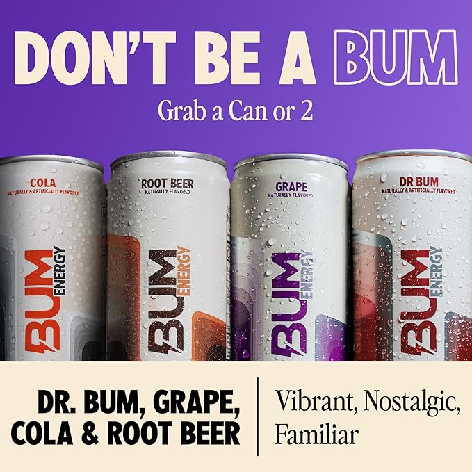 BUM Zero Sugar Energy Drink Variety Pack – Root Beer, Beer, Dr. Bum, Cola & Grape – Lightly Carbonated Sports Beverage with Natural Caffeine & Citicoline for Focus & Energy – 12 fl oz (12-Pack)