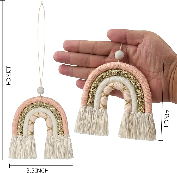 BOHO GARDEN Macrame Rainbow Charm - Essential Oil Diffuser for Cars, Baby Nursery, Children’s Bedroom & Home Decor - Colorful Decorative Hanging Air Freshener & Accessories - 3.5x4 - Rose Gold