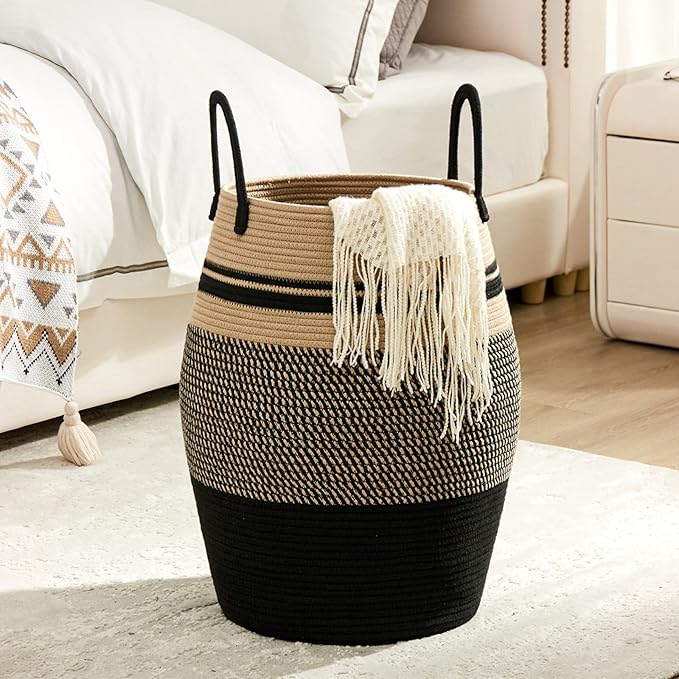 Fiona's magic 105L Extra Large Laundry Hamper Basket, Woven Tall Clothes Hamper for Storage Blanket, Toys and Dirty Cothes in Bedroom and Living Room Organizer, Brown & Black