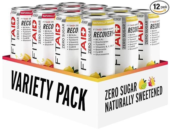 FITAID ZERO Sugar, Keto-Friendly, Number 1 Post-Workout Recovery Drink, Contains Zero Sugar, BCAAs, Glucosamine, 5 Calories, Keto Variety Pack, 12 Fl Oz (Pack of 12)