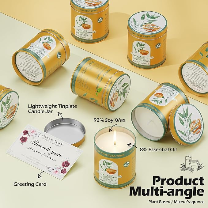 Sage&Citrus Scented Candles Gift Set | 2Pack 18oz 8% Essential Oils 80H Burn | Pure Soy Wax for Aromatherapy Tin Jar Candle | Meditation, Yoga,Smokeless, Relaxation&Sleep Aid Gift Set for Men&Women