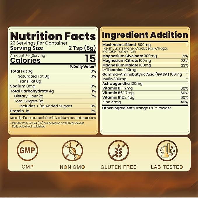 Calm Magnesium Powder, Ashwagandha, L-Theanine, GABA & 6 Mushrooms | Magnesium Glycinate Supplement for Relaxation & Calm Support | Non-GMO, Gluten-Free, Orange Flavor, 6.35oz