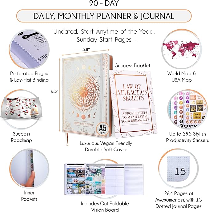 Adhd Daily Planner - A Self Care Personal Gratitude Journal to Increase Productivity and Success in Life & Work, Weekly & Monthly Undated Planner for Women and Men, Vision Board & Organizer + Stickers